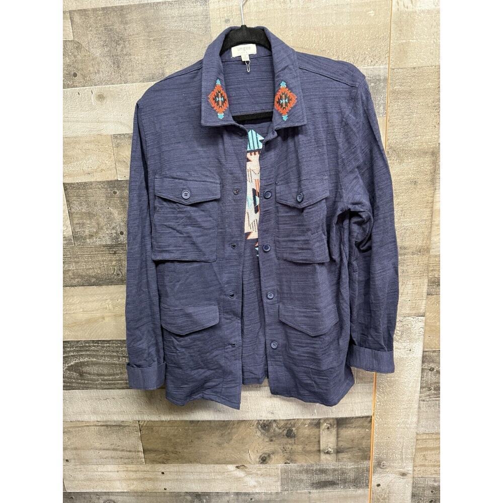 Umgee‎ Shirt Jacket Button Front Women Small Navy Blue Southwestern Embroidered